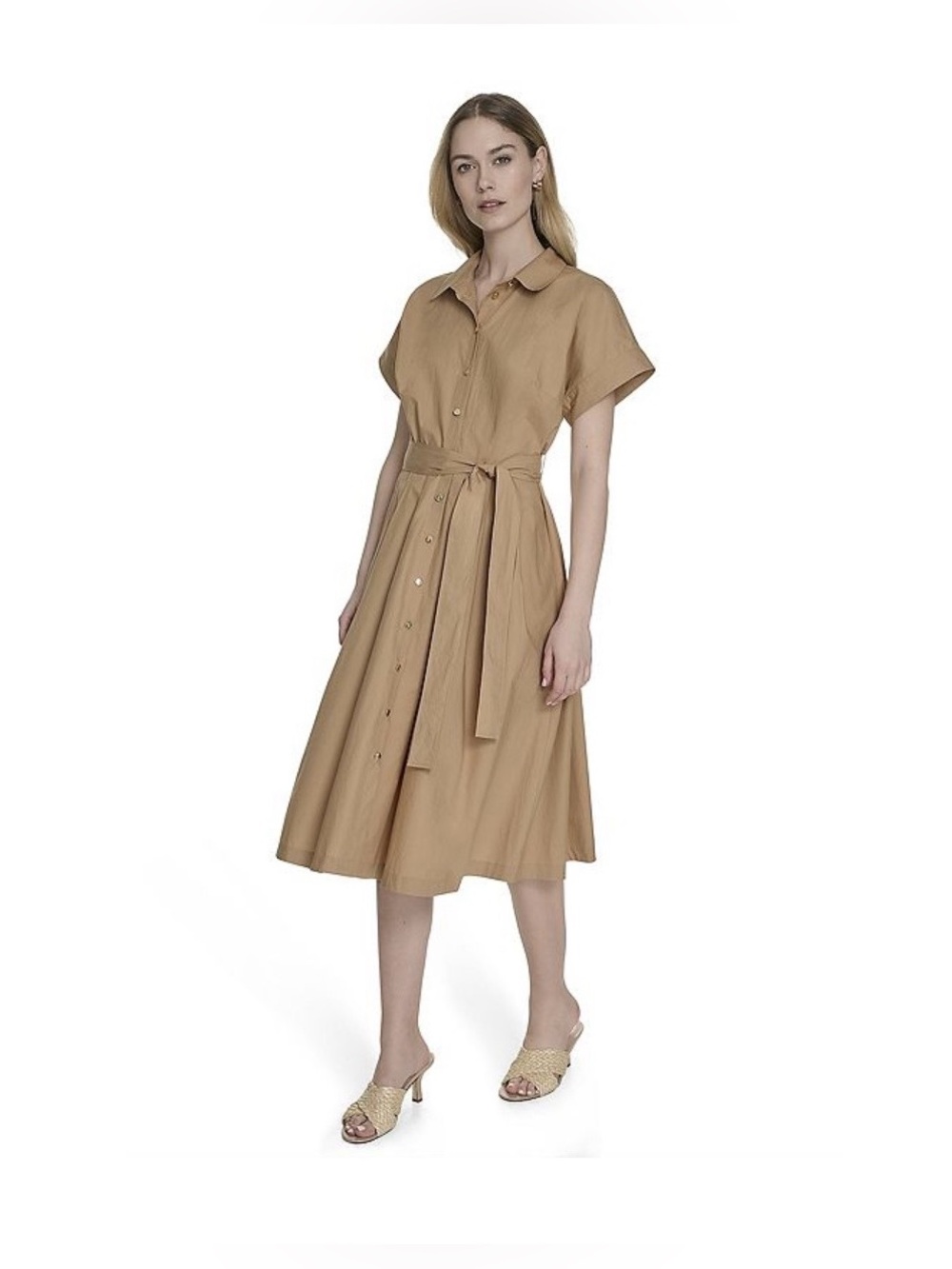 NWT  La Nouvelle Renaissance Short Sleeve Tan Button-Front Shirt Dress. Size 12